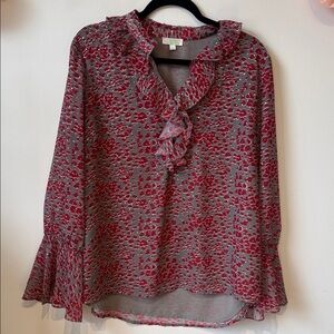 Jade Red and Gray Ruffled Blouse size LARGE